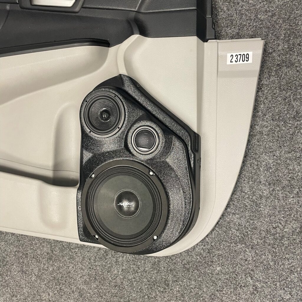 Front Door Custom Speaker Pods for the 2012-2017 Toyota Camry to hold 6.5 in and 3.5 in and 2.0 in speakers for car audio installation upgrade