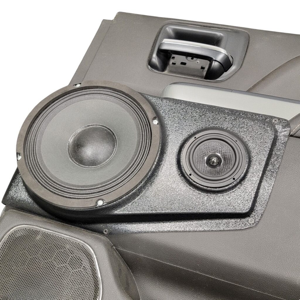 Rear Door Custom Speaker Pods for the 2014-2018 Chevrolet Silverado GMC Sierra to hold 8.0 in and 3.5 in speakers for car audio installation upgrade