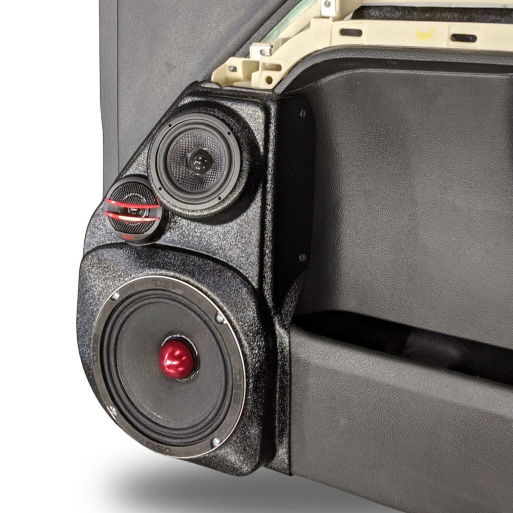 Front Door Custom Speaker Pods for the 2014-2018 Chevrolet Silverado GMC Sierra to hold 6.5 in and 3.5 in speakers for car audio installation upgrade
