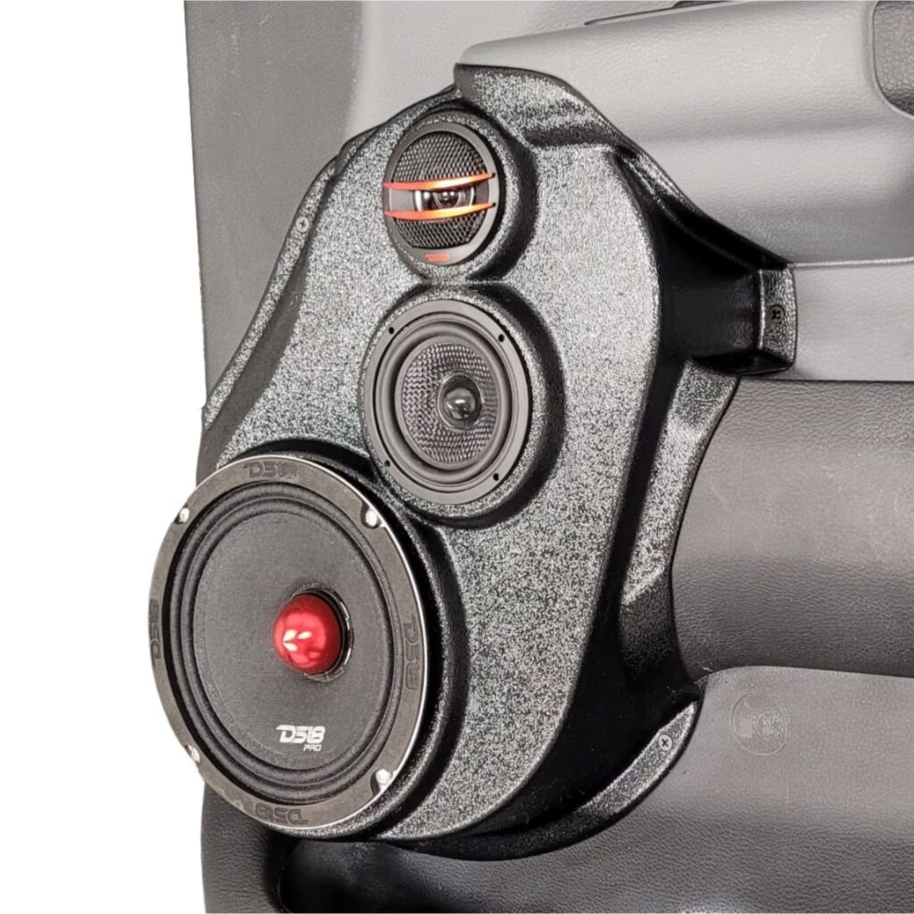 Front Door Custom Speaker Pods for the 2019-2025 Dodge Ram to hold 6.5 in and 3.5 in and 2.0 in speakers for car audio installation upgrade