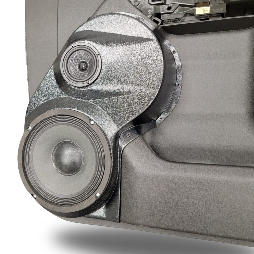 Front Door Custom Speaker Pods for the 2019-2023 Chevrolet Silverado GMC Sierra to hold 8.0 in and 3.5 in speakers for car audio installation upgrade