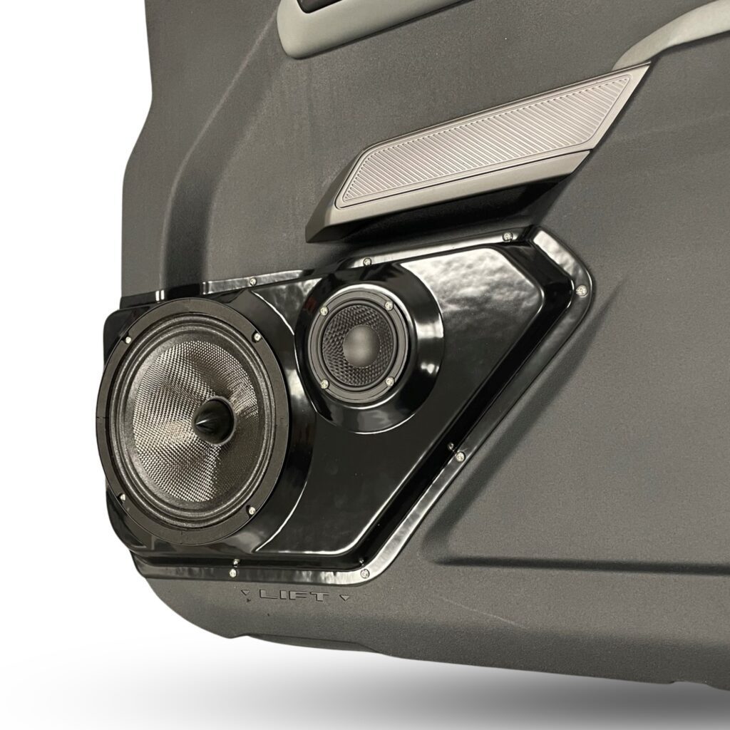 Front Door Custom Speaker Pods for the 2021-2023 Ford Bronco to hold 8.0 in and 3.5 in speakers for car audio installation upgrade