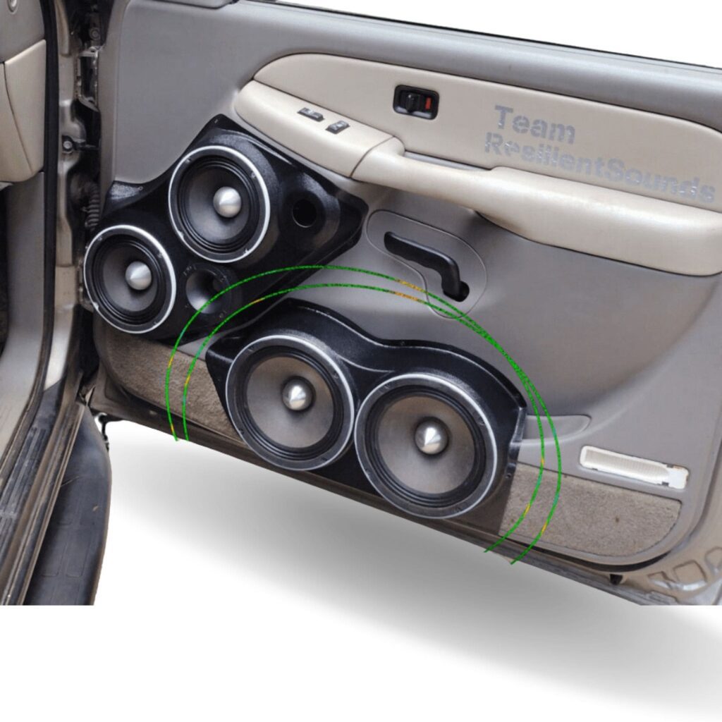 Front Door Custom Speaker Pods for the 2000-2006 Cadillac Escalade Chevrolet Avalanche Silverado Tahoe Suburban GMC Sierra Yukon to hold Dual 8.0 in speakers for car audio installation upgrade
