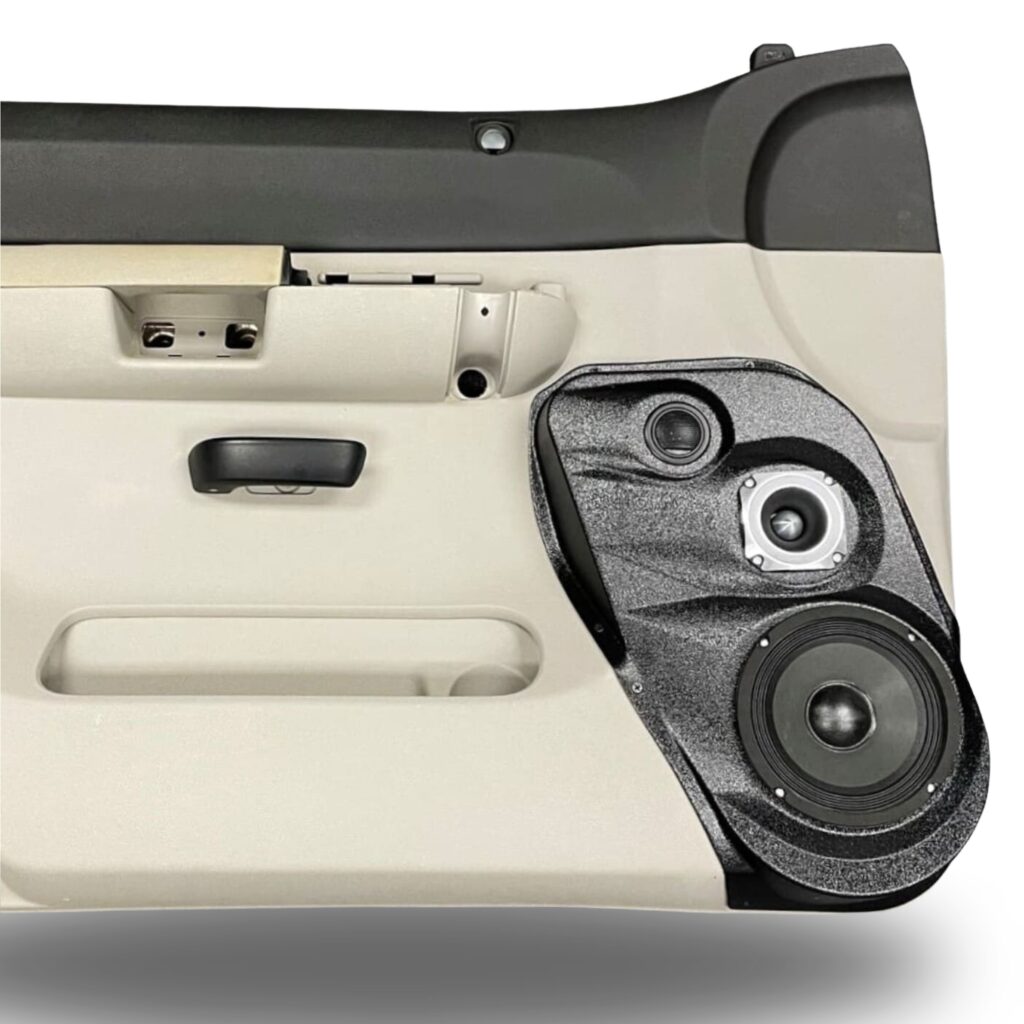 Front Door Custom Speaker Pods for the 2007-2009 Chevrolet Silverado GMC Sierra to hold 6.5 in and 3.5 in and 2.0 in speakers for car audio installation upgrade