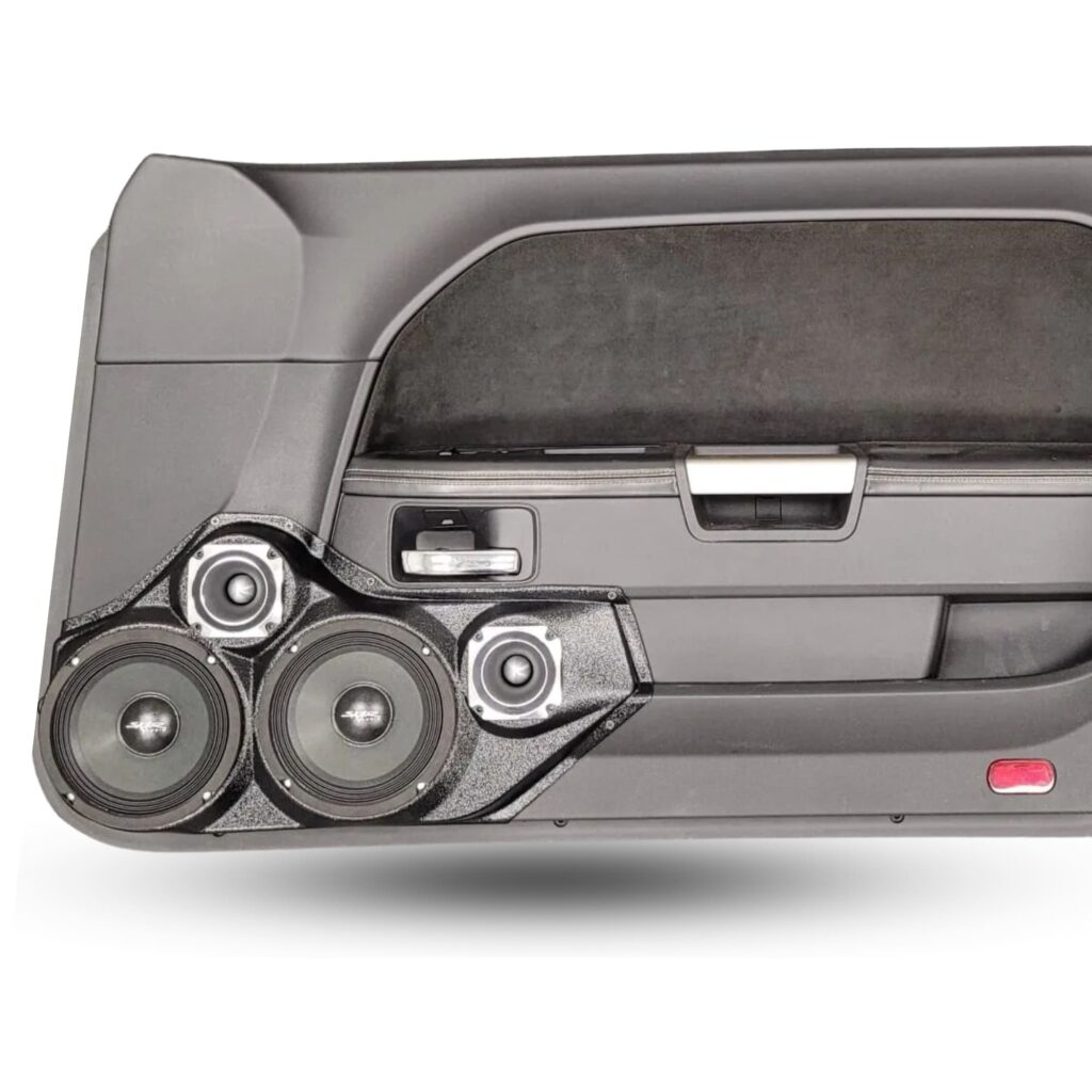 Front Door Custom Speaker Pods for the 2008-2014 Dodge Challenger to hold Dual 6.5 in and Dual 3.5 in speakers for car audio installation upgrade