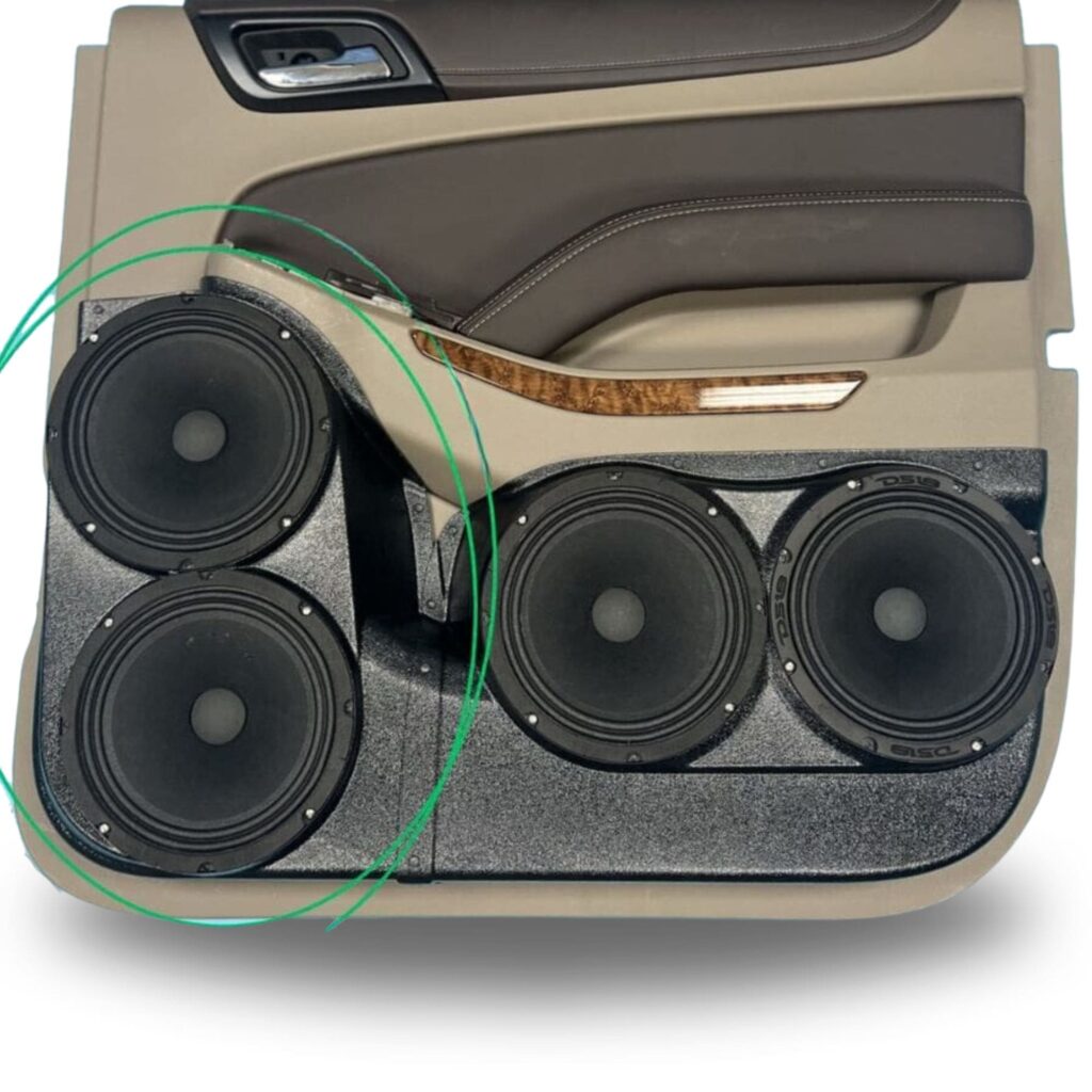 Rear Door Custom Speaker Pods for the 2015-2020 Chevrolet Suburban Chevrolet Tahoe GMC Yukon to hold Dual 8.0 in speakers for car audio installation upgrade