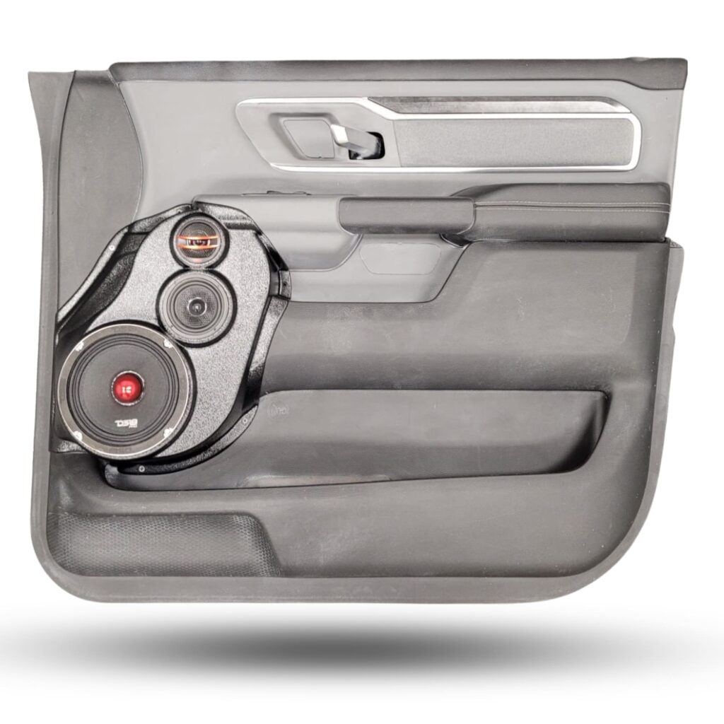 Front Door Custom Speaker Pods for the 2019-2025 Dodge Ram to hold 6.5 in and 3.5 in and 2.0 in speakers for car audio installation upgrade