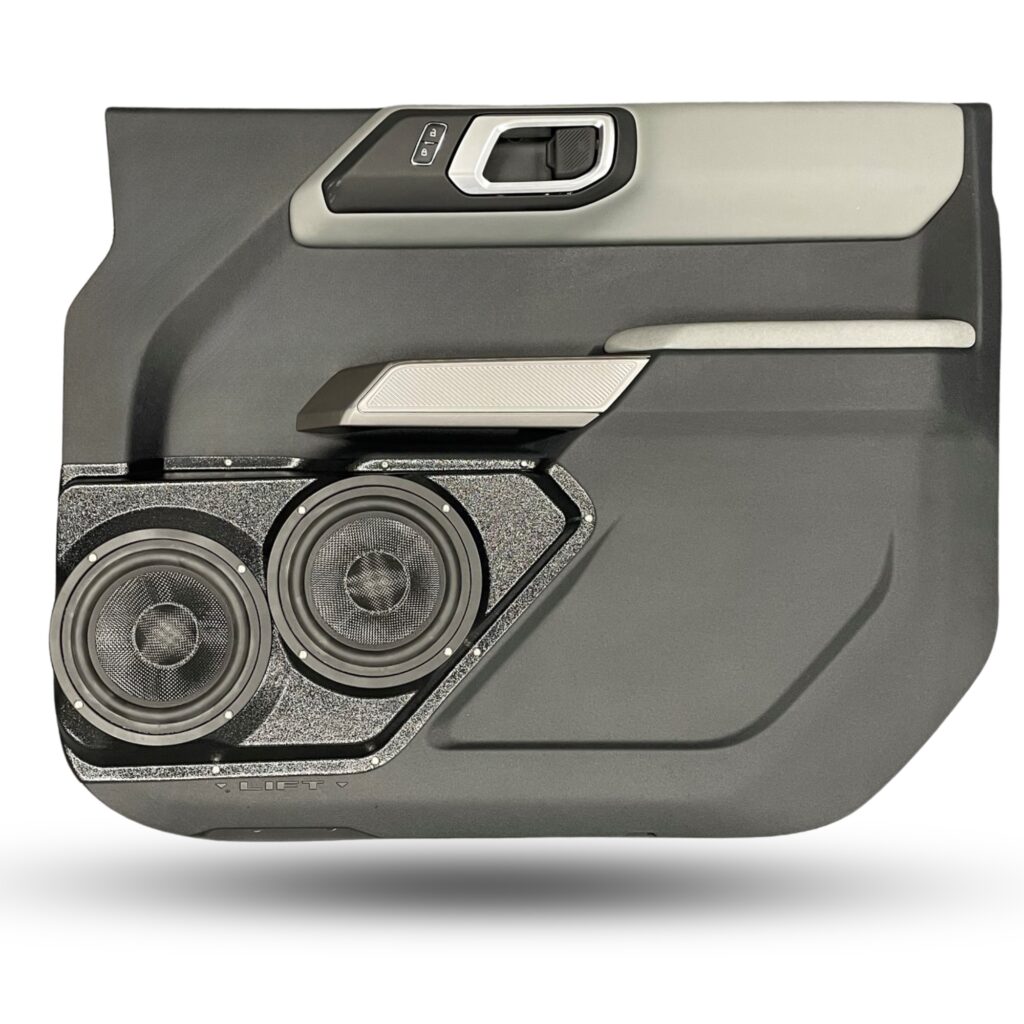 Front Door Custom Speaker Pods for the 2021-2023 Ford Bronco to hold Dual 6.5 in speakers for car audio installation upgrade
