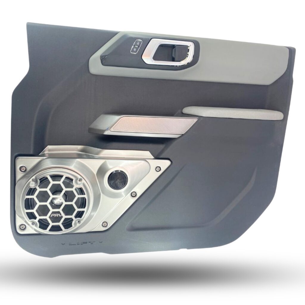 Front Door Custom Speaker Pods for the 2021-2023 Ford Bronco to hold 6.5 in and 2.0 in speakers for car audio installation upgrade