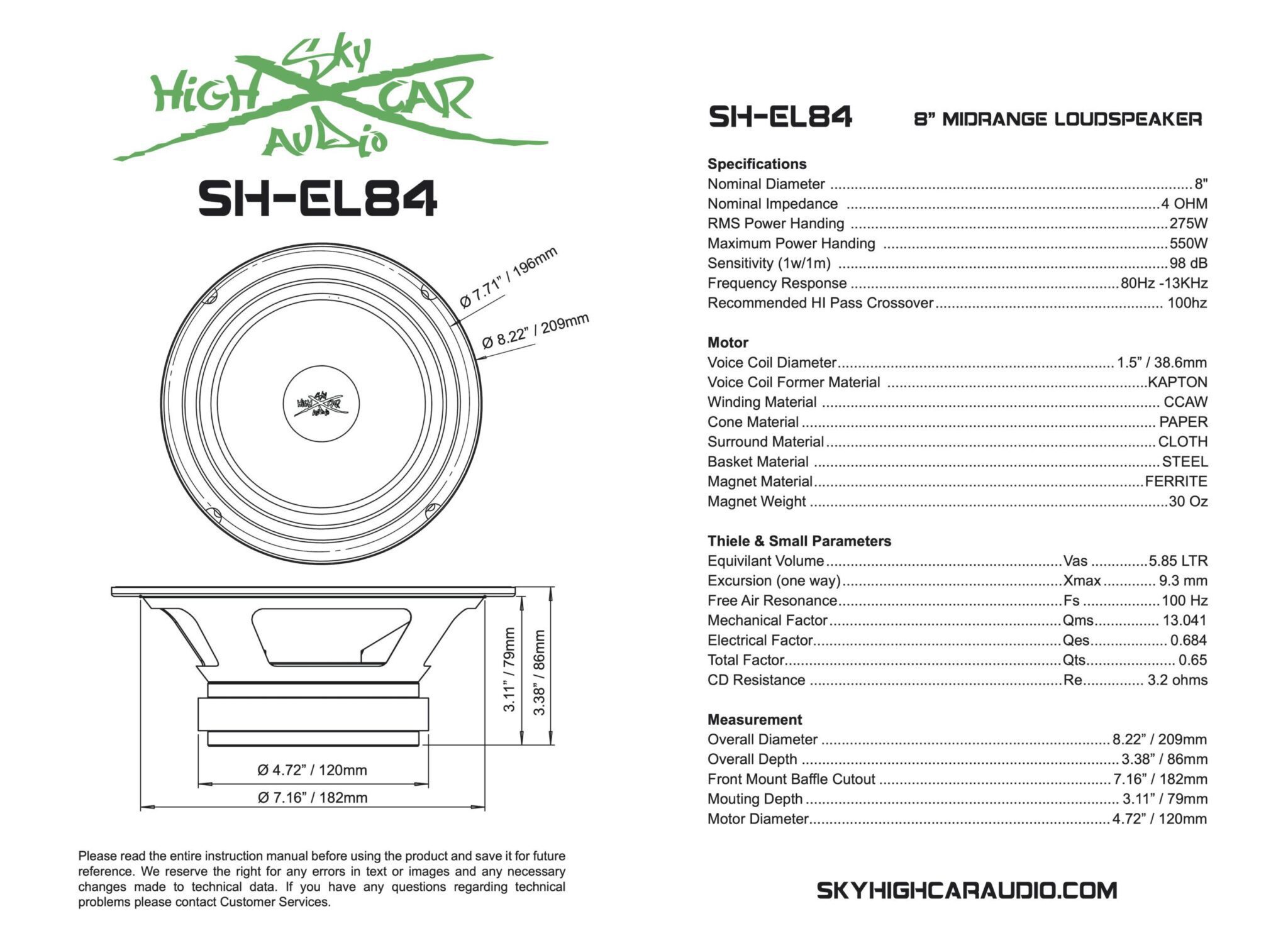 SHCA Pro Audio EL84 8" Midrange Midbass Speaker 275 Watts 4 ohm () - Image 4
