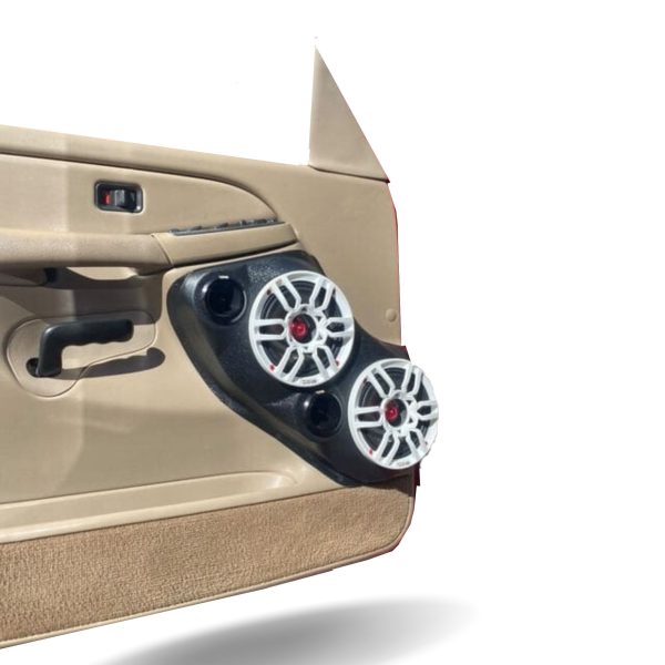 Front Door Custom Speaker Pods for the 2000-2006 Cadillac Escalade Chevrolet Avalanche Silverado Tahoe Suburban GMC Sierra Yukon to hold Dual 6.5 in and Dual 3.5 in speakers for car audio installation upgrade