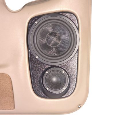 Rear Door Custom Speaker Pods for the 2000-2006 Cadillac Escalade Chevrolet Avalanche Silverado Tahoe Suburban GMC Sierra Yukon to hold 6.5 in and 3.5 in speakers for car audio installation upgrade