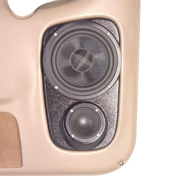 Rear Door Custom Speaker Pods for the 2000-2006 Cadillac Escalade Chevrolet Avalanche Silverado Tahoe Suburban GMC Sierra Yukon to hold 6.5 in and 3.5 in speakers for car audio installation upgrade