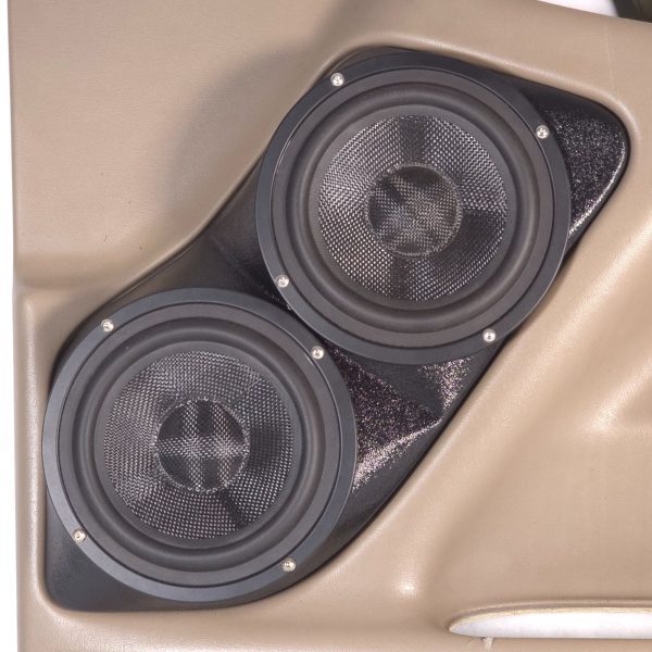 Front Door Custom Speaker Pods for the 2000-2006 Cadillac Escalade Chevrolet Avalanche Silverado Tahoe Suburban GMC Sierra Yukon to hold Dual 6.5 in speakers for car audio installation upgrade