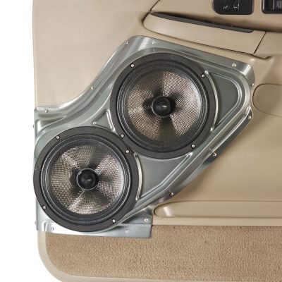 Front Door Custom Speaker Pods for the 2000-2006 Cadillac Escalade Chevrolet Avalanche Silverado Tahoe Suburban GMC Sierra Yukon to hold Dual 8.0 in speakers for car audio installation upgrade