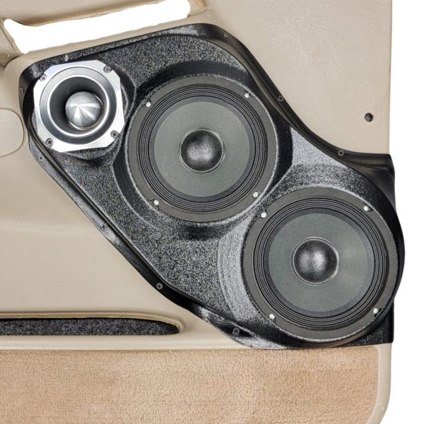 Front Door Custom Speaker Pods for the 2000-2006 Cadillac Escalade Chevrolet Avalanche Silverado Tahoe Suburban GMC Sierra Yukon to hold Dual 6.5 in and 4.0 in speakers for car audio installation upgrade