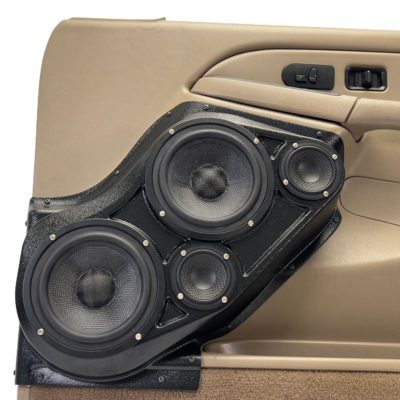 Front Door Custom Speaker Pods for the 2000-2006 Cadillac Escalade Chevrolet Avalanche Silverado Tahoe Suburban GMC Sierra Yukon to hold Dual 6.5 in and Dual 3.5 in speakers for car audio installation upgrade
