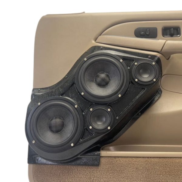 Front Door Custom Speaker Pods for the 2000-2006 Cadillac Escalade Chevrolet Avalanche Silverado Tahoe Suburban GMC Sierra Yukon to hold Dual 6.5 in and Dual 3.5 in speakers for car audio installation upgrade
