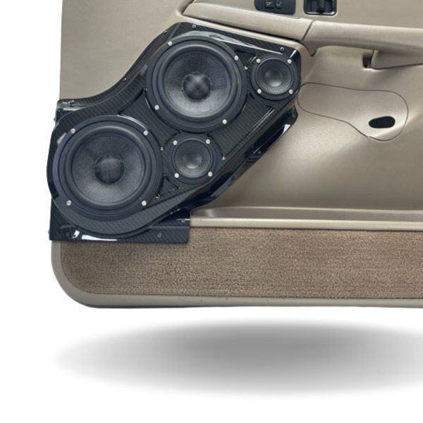 Front Door Custom Speaker Pods for the 2000-2006 Cadillac Escalade Chevrolet Avalanche Silverado Tahoe Suburban GMC Sierra Yukon to hold Dual 6.5 in and Dual 3.5 in speakers for car audio installation upgrade