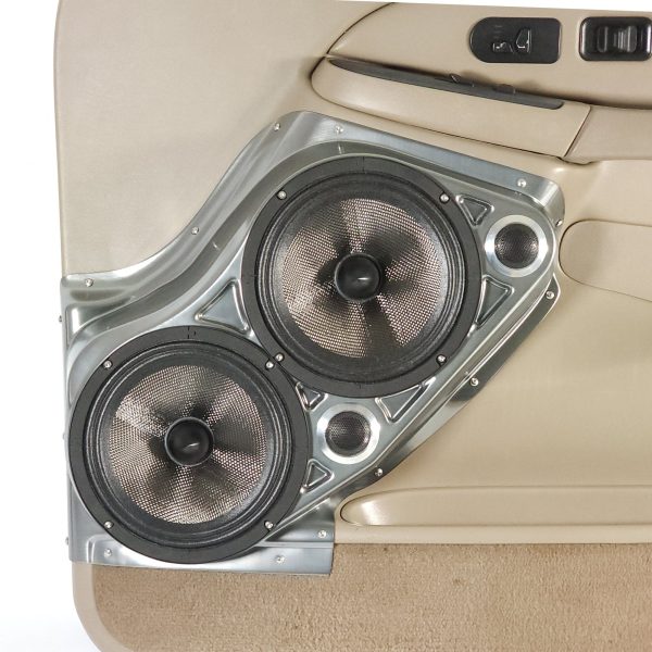 Front Door Custom Speaker Pods for the 2000-2006 Cadillac Escalade Chevrolet Avalanche Silverado Tahoe Suburban GMC Sierra Yukon to hold Dual 8.0 in and Dual 2.0 in speakers for car audio installation upgrade