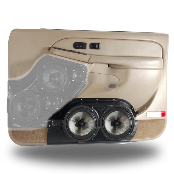 Front Door Custom Speaker Pods for the 2000-2006 Cadillac Escalade Chevrolet Avalanche Silverado Tahoe Suburban GMC Sierra Yukon to hold Dual 8.0 in speakers for car audio installation upgrade
