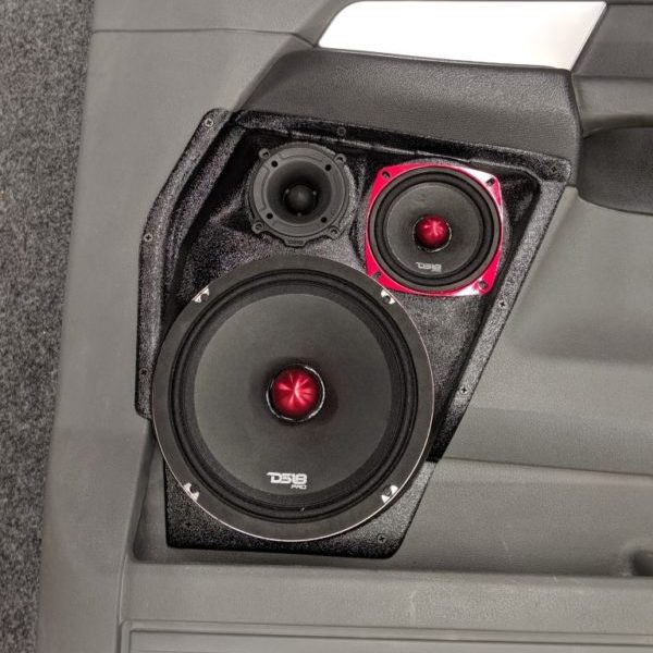 center ortho Speaker Upgrade for the Front Door of your 2006-2008 Dodge Ram. Easy installation of a 8", 4" and 3.5" Super Tweeter for the most powerful car stereo possible.