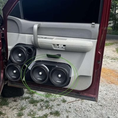 Front Door Custom Speaker Pods for the 2007-2009 Chevrolet Silverado GMC Sierra to hold Dual 8.0 in speakers for car audio installation upgrade