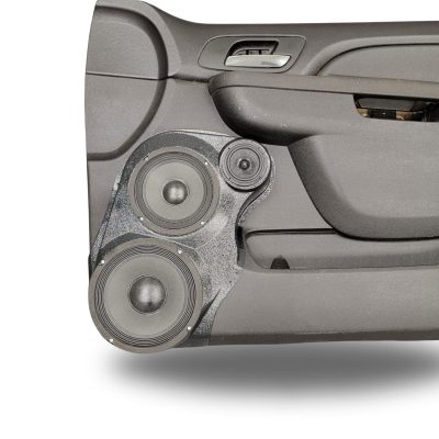 Front Door Custom Speaker Pods for the 2007-2009 Cadillac Escalade Chevrolet Avalanche Tahoe Silverado Suburban GMC Yukon Sierra to hold 8.0 in and 6.5 in and 3.5 in speakers for car audio installation upgrade