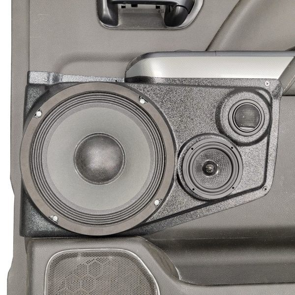 Rear Door Custom Speaker Pods for the 2014-2018 Chevrolet Silverado GMC Sierra to hold 8.0 in and 3.5 in and 2.0 in speakers for car audio installation upgrade