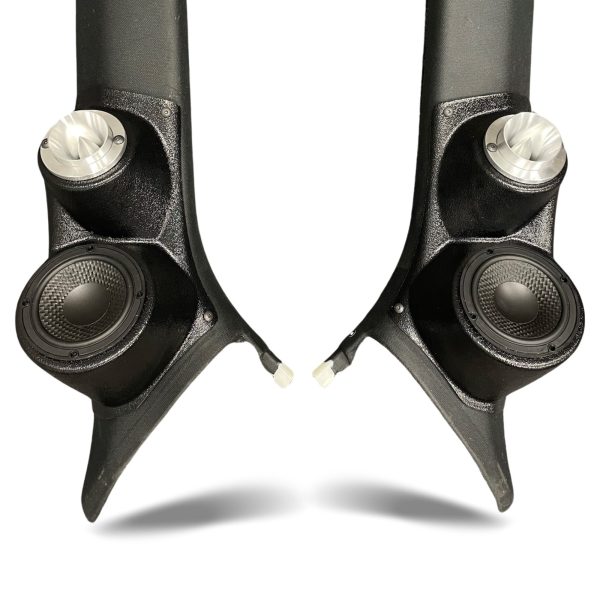 A-Pillar Custom Speaker Pods for the 2015-2018 Porsche Macan to hold 3.5 in and 2.0 in speakers for car audio installation upgrade