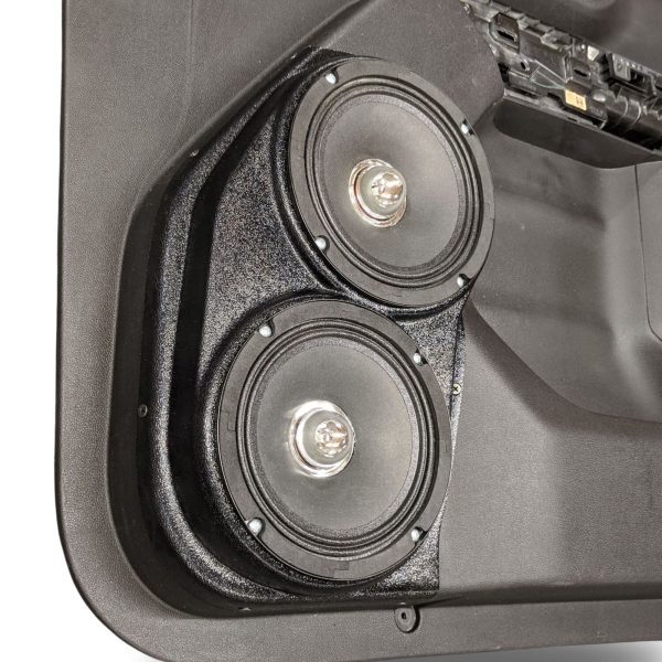 left 2 Speaker Upgrade for the Front Door of your 2019-2023 Chevrolet Silverado, GMC Sierra. Easy installation of a Dual 6.5" Midrange for the most powerful car stereo possible.