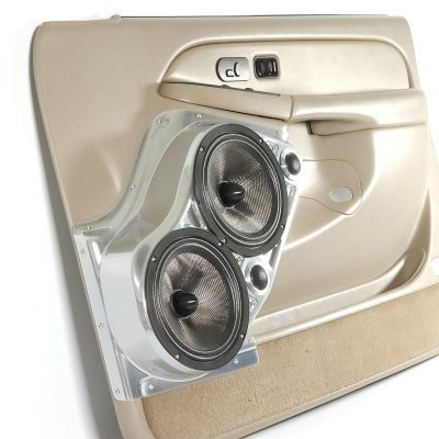 Front Door Custom Speaker Pods for the 2000-2006 Cadillac Escalade Chevrolet Avalanche Silverado Tahoe Suburban GMC Sierra Yukon to hold Dual 8.0 in and Dual 2.0 in speakers for car audio installation upgrade