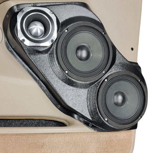 Front Door Custom Speaker Pods for the 2000-2006 Cadillac Escalade Chevrolet Avalanche Silverado Tahoe Suburban GMC Sierra Yukon to hold Dual 6.5 in and 4.0 in speakers for car audio installation upgrade