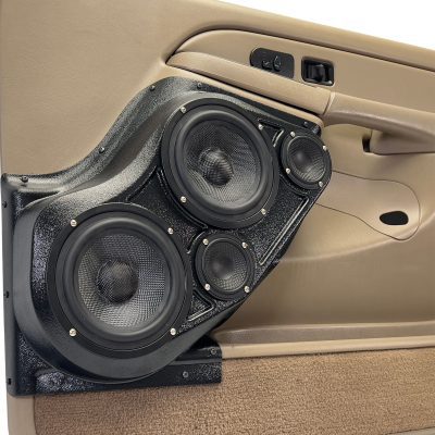 Front Door Custom Speaker Pods for the 2000-2006 Cadillac Escalade Chevrolet Avalanche Silverado Tahoe Suburban GMC Sierra Yukon to hold Dual 6.5 in and Dual 3.5 in speakers for car audio installation upgrade