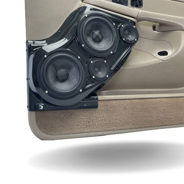 Front Door Custom Speaker Pods for the 2000-2006 Cadillac Escalade Chevrolet Avalanche Silverado Tahoe Suburban GMC Sierra Yukon to hold Dual 6.5 in and Dual 3.5 in speakers for car audio installation upgrade