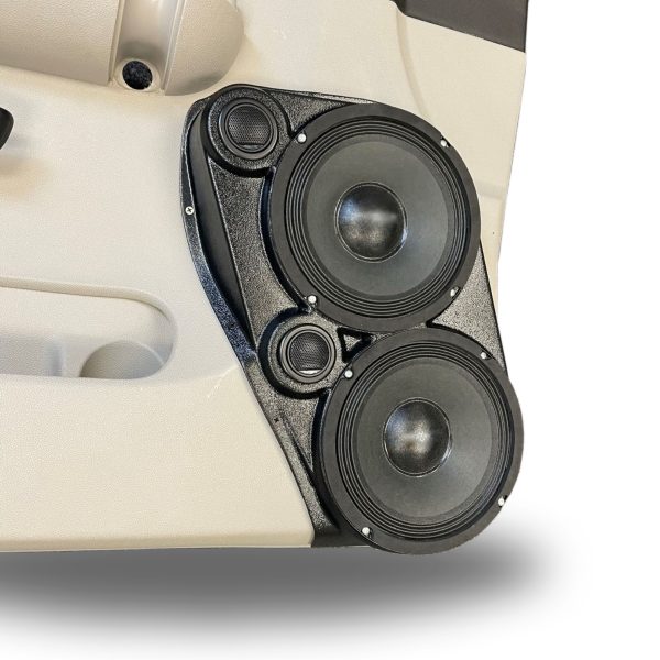 left ortho Speaker Upgrade for the Front Door of your 2007-2009 Chevrolet Silverado, GMC Sierra. Easy installation of a Dual 8" and Dual Tweeter for the most powerful car stereo possible.