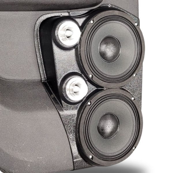 left ortho Speaker Upgrade for the Rear Door of your 2007-2014 Chevrolet Tahoe, Suburban, Avalanche, Silverado. GMC Yukon, Sierra. Cadillac Escalade. Easy installation of a Dual 8" and Dual Tweeter for the most powerful car stereo possible.