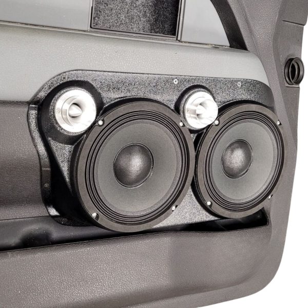 left ortho Speaker Upgrade for the Front Door of your 2009-2014 Ford F150. Easy installation of a Dual 8" and Dual Tweeter for the most powerful car stereo possible.