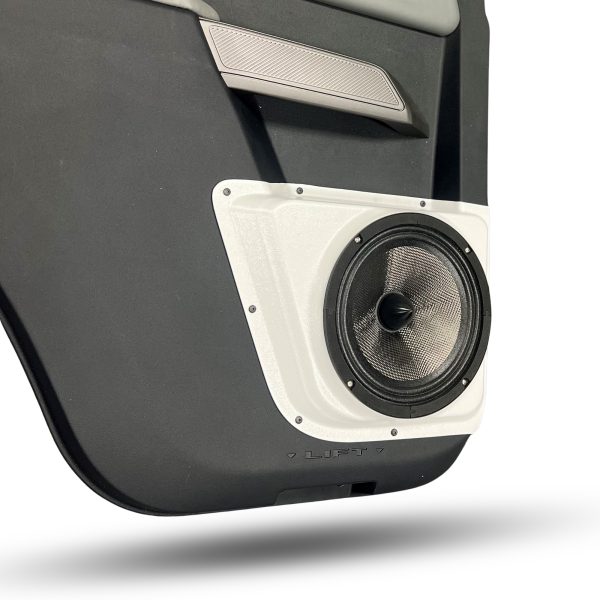 left ortho Speaker Upgrade for the Rear Door of your 2021-2023 Ford Bronco. Easy installation of a Single 8" Midrange for the most powerful car stereo possible.