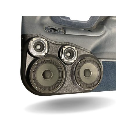Front Door Custom Speaker Pods for the 1995-1999 Cadillac Escalade Chevrolet Silverado Suburban Tahoe GMC Sierra Yukon to hold Dual 6.5 in and Dual 3.5 in speakers for car audio installation upgrade