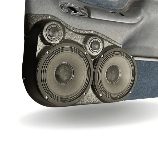 Front Door Custom Speaker Pods for the 1995-1999 Cadillac Escalade Chevrolet Silverado Suburban Tahoe GMC Sierra Yukon to hold Dual 8.0 in and Dual 2.0 in speakers for car audio installation upgrade