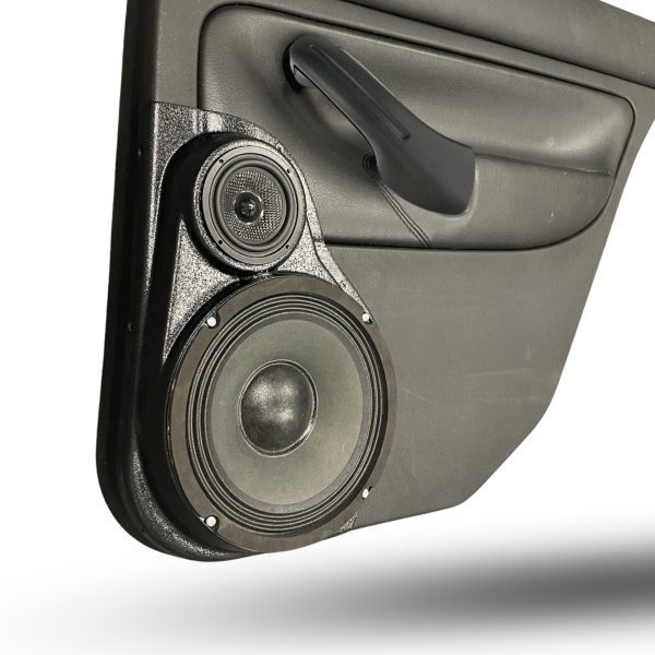 left ortho Speaker Upgrade for the Rear Door of your 1999-2004 Volkswagen Jetta. Easy installation of a 8" and 3.5" Super Tweeter for the most powerful car stereo possible.