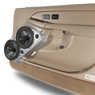 Front Door Custom Speaker Pods for the 2000-2006 Cadillac Escalade Chevrolet Avalanche Silverado Tahoe Suburban GMC Sierra Yukon to hold Dual 8.0 in and Dual 2.0 in speakers for car audio installation upgrade