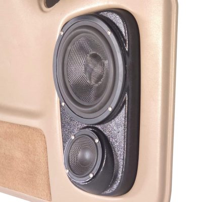 Rear Door Custom Speaker Pods for the 2000-2006 Cadillac Escalade Chevrolet Avalanche Silverado Tahoe Suburban GMC Sierra Yukon to hold 6.5 in and 3.5 in speakers for car audio installation upgrade
