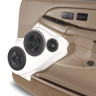 Front Door Custom Speaker Pods for the 2000-2006 Cadillac Escalade Chevrolet Avalanche Silverado Tahoe Suburban GMC Sierra Yukon to hold Dual 6.5 in and 3.5 in  speakers for car audio installation upgrade