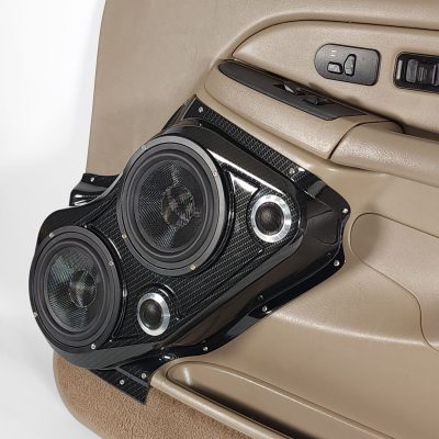 Front Door Custom Speaker Pods for the 2000-2006 Cadillac Escalade Chevrolet Avalanche Silverado Tahoe Suburban GMC Sierra Yukon to hold Dual 6.5 in and Dual 2.0 in speakers for car audio installation upgrade