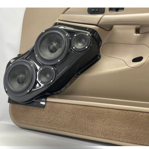 Front Door Custom Speaker Pods for the 2000-2006 Cadillac Escalade Chevrolet Avalanche Silverado Tahoe Suburban GMC Sierra Yukon to hold Dual 6.5 in and Dual 3.5 in speakers for car audio installation upgrade