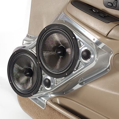 Front Door Custom Speaker Pods for the 2000-2006 Cadillac Escalade Chevrolet Avalanche Silverado Tahoe Suburban GMC Sierra Yukon to hold Dual 8.0 in and Dual 2.0 in speakers for car audio installation upgrade