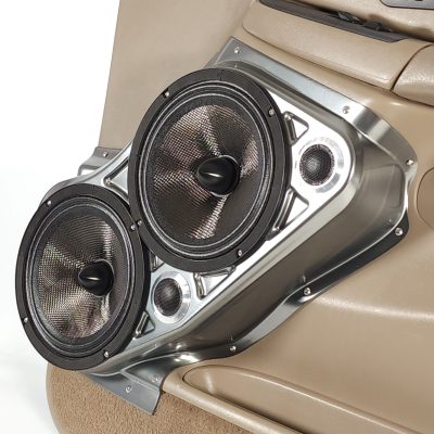 Front Door Custom Speaker Pods for the 2000-2006 Cadillac Escalade Chevrolet Avalanche Silverado Tahoe Suburban GMC Sierra Yukon to hold Dual 8.0 in and Dual 2.0 in speakers for car audio installation upgrade