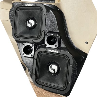 Front Door Custom Speaker Pods for the 2000-2006 Cadillac Escalade Chevrolet Avalanche Silverado Tahoe Suburban GMC Sierra Yukon to hold Dual 7.0 in and Dual 2.0 in speakers for car audio installation upgrade